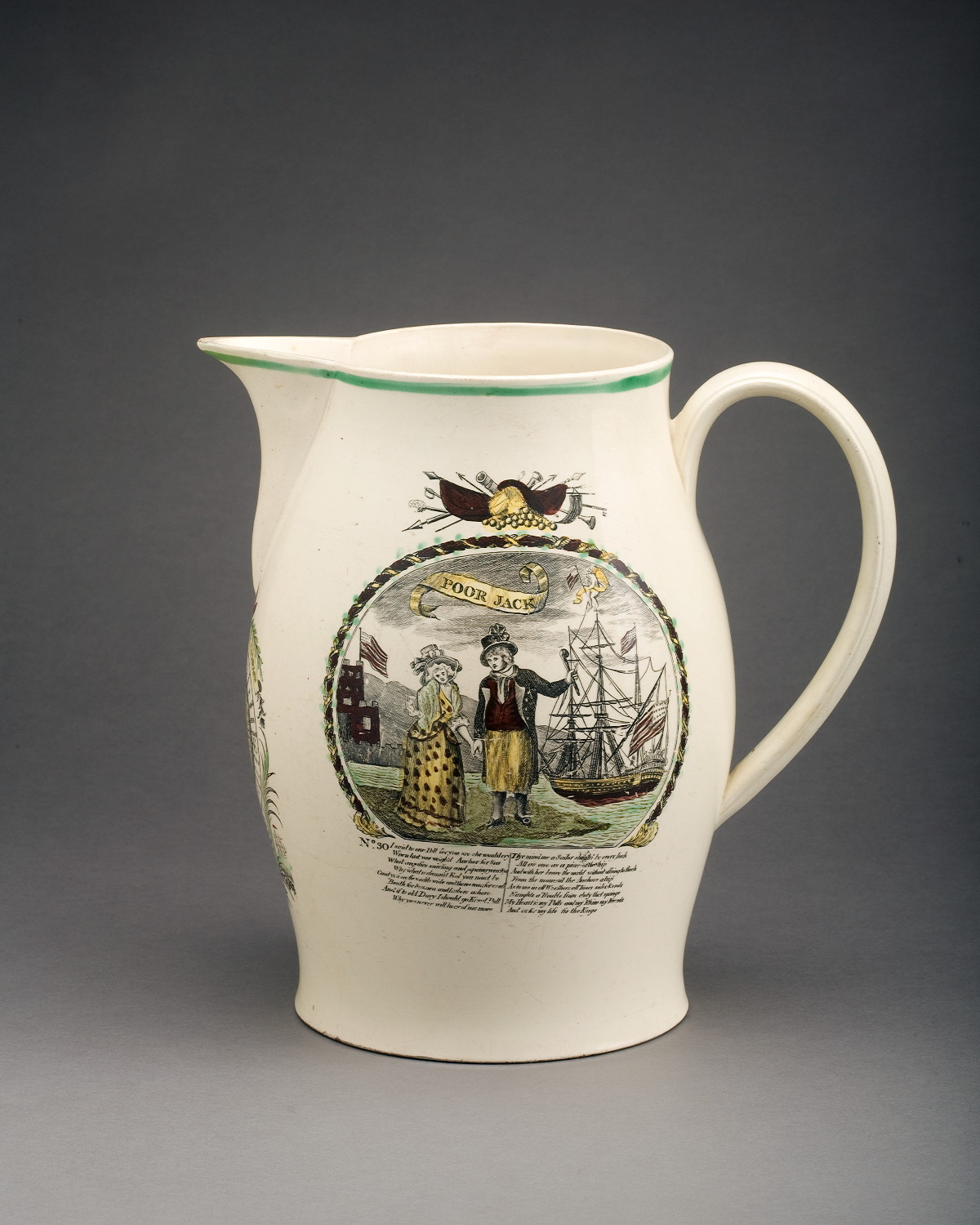 Appraisal: ENGLISH CREAMWARE ENAMEL-DECORATED AND BLACK TRANSFER-PRINTED JUG PROBABLY STAFFORDSHIRE CIRCA