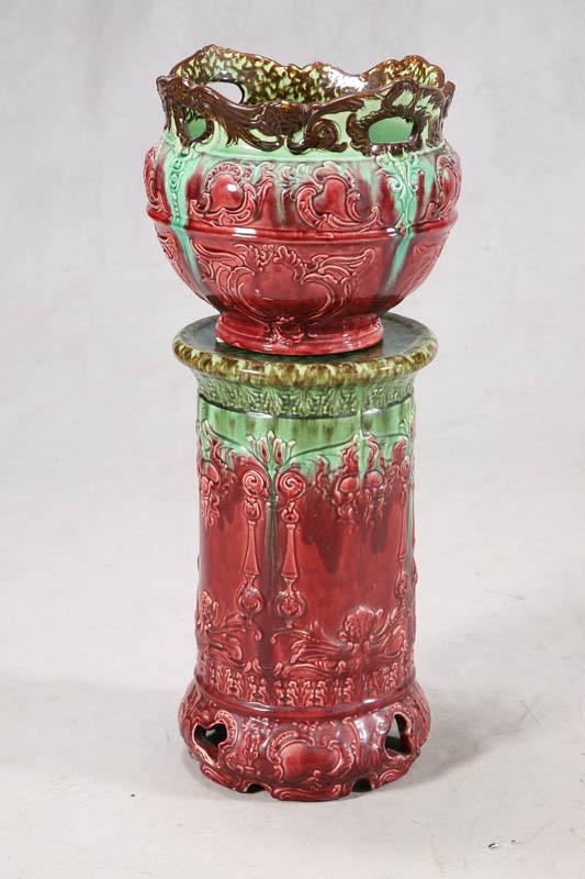 Appraisal: JARDINIERE AND PEDASTAL Two piece ceramic with red green and