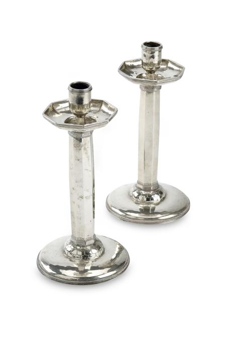 Appraisal: EDWARD SPENCER PAIR OF CANDLESTICKS CIRCA plated white metal marked