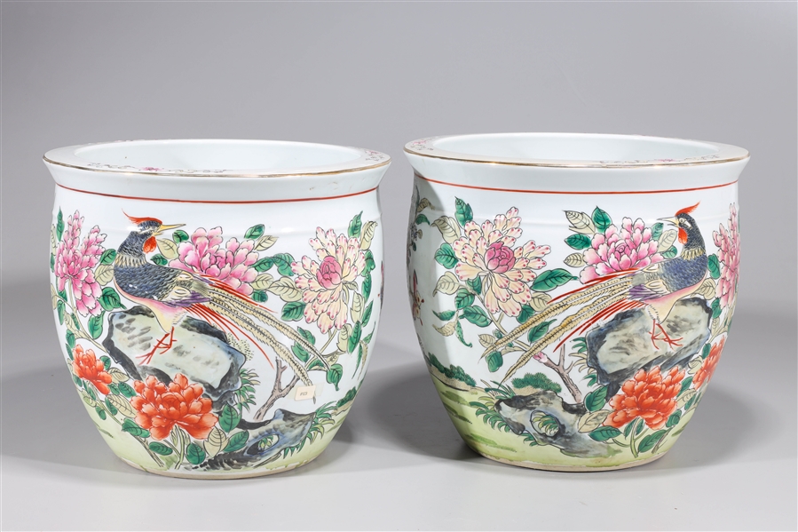 Appraisal: Pair of Chinese famille rose enameled porcelain jars with birds