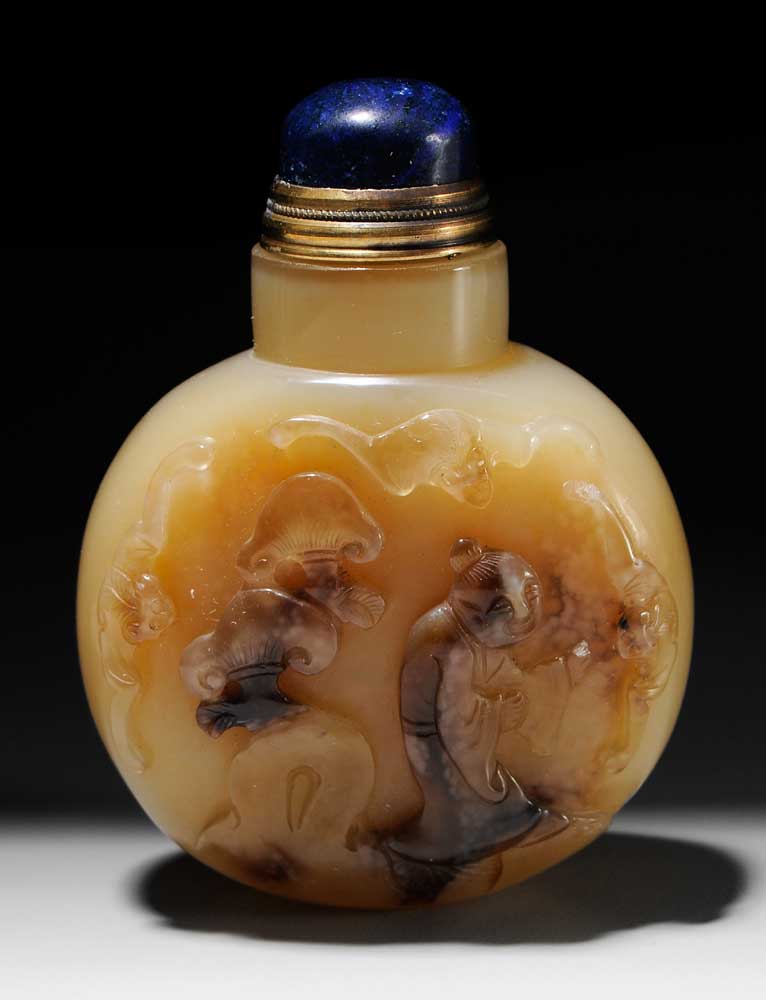 Appraisal: Agate Snuff Bottle Chinese th century body carved with lohan