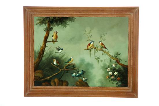 Appraisal: TROPICAL LANDSCAPE OF BIRDS BY IRA MONTE SPAIN - Oil