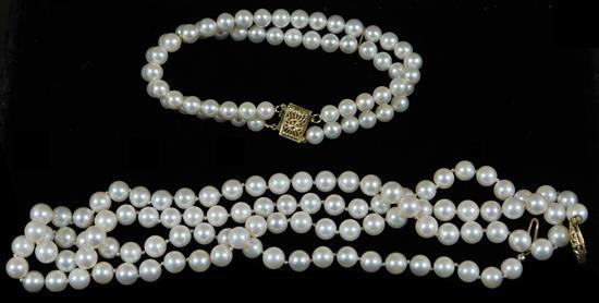 Appraisal: JEWELRY Pearl necklace and double strand bracelet K clasp and