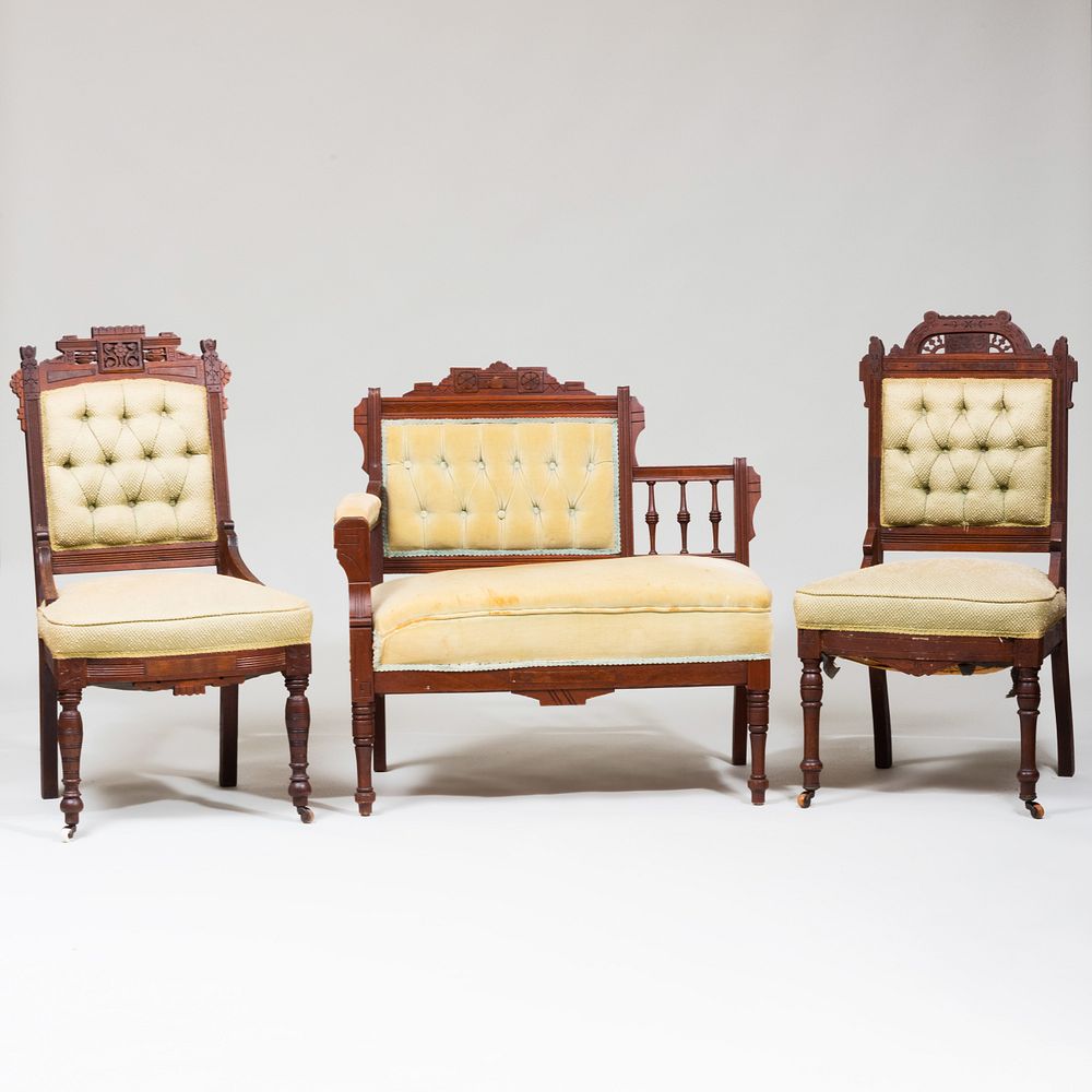 Appraisal: Suite of American Aesthetic Movement Mahogany and Tufted Upholstered Seat