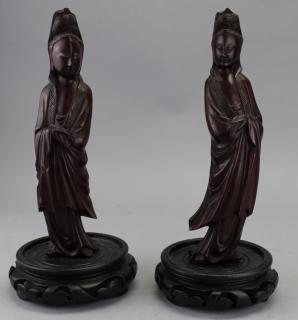 Appraisal: Carved Chinese Guanyins on Stand Carved Chinese Guanyins on Stand