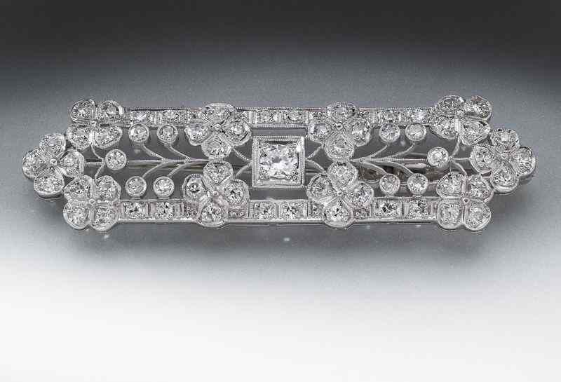 Appraisal: Art Deco platinum and diamond brooch having round single and