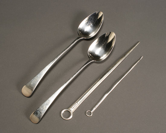 Appraisal: Two George III Silver Stuffing Spoons and Two Meat Skewers