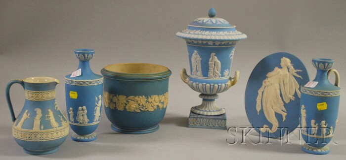 Appraisal: Six Wedgwood Mostly Light Blue Jasper Dip Items a jardiniere