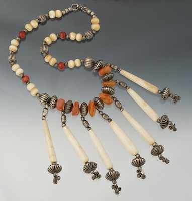 Appraisal: A Tribal Style Silver Bone and Agate Necklace Designed with