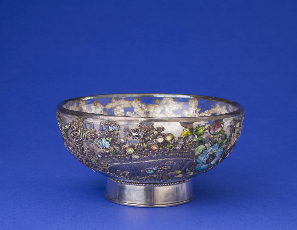 Appraisal: CHINESE EXPORT ENAMEL-DECORATED SILVER-OVERLAY GLASS BOWL The interior base of