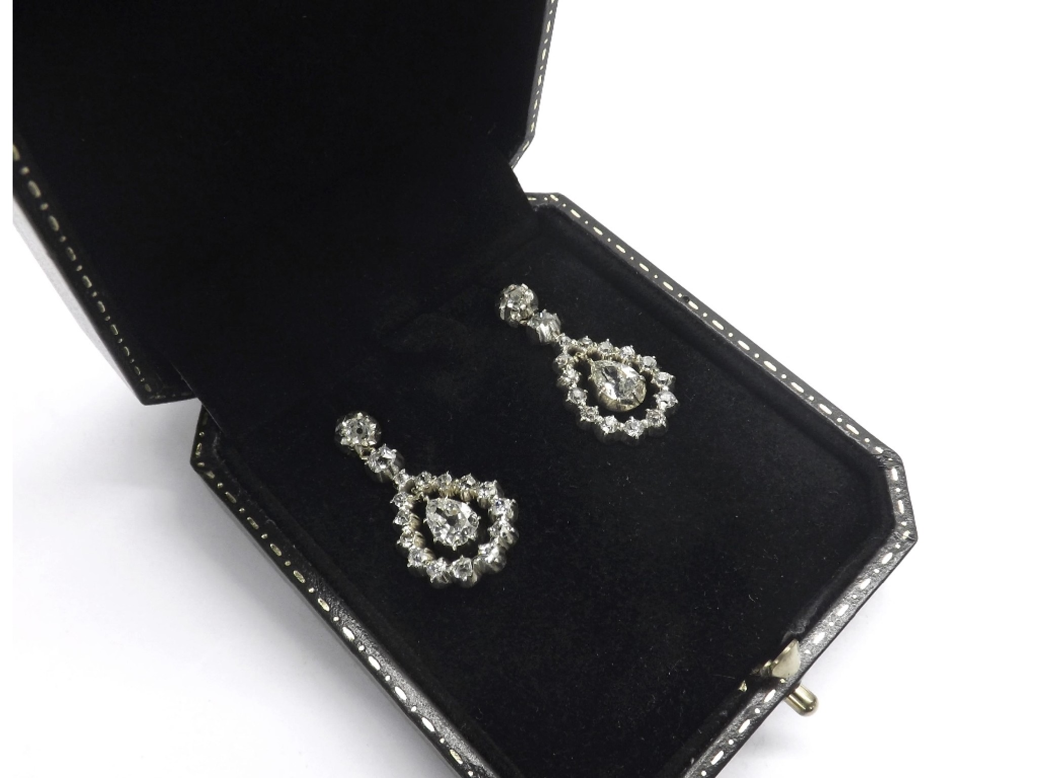 Appraisal: Fine pair of antique old cut diamond pear shaped drop