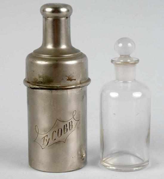 Appraisal: Silver-Plate Inscribed Ty Cobb Whiskey Flask Inside of removable top