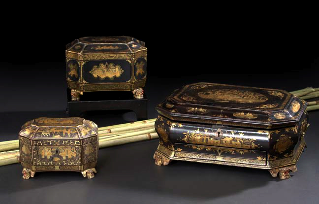 Appraisal: Chinese Export Deux-Couleur-Gilded Black-Lacquer Tea Box second quarter th century