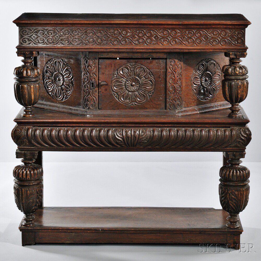 Appraisal: Oak Court Cupboard England th century with carved frieze above