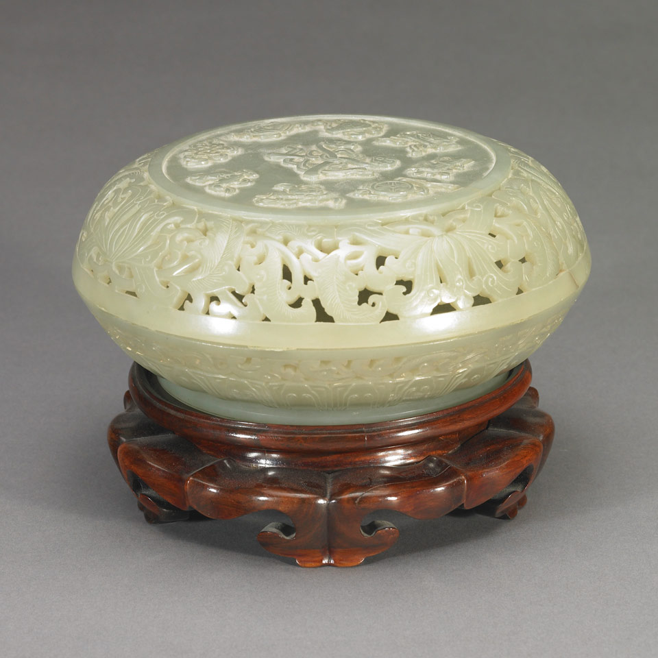 Appraisal: Carved Celadon Jade Pierced Box and Cover Relief carving of