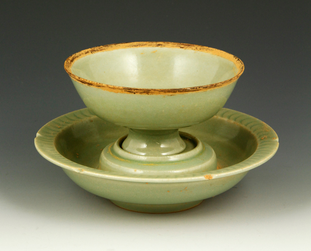 Appraisal: - Chinese Green Glazed Cup with Tray Light green glazed