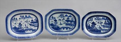 Appraisal: NEST OF THREE CANTON BLUE AND WHITE CHAMFERED RECTANGULAR PLATTERS