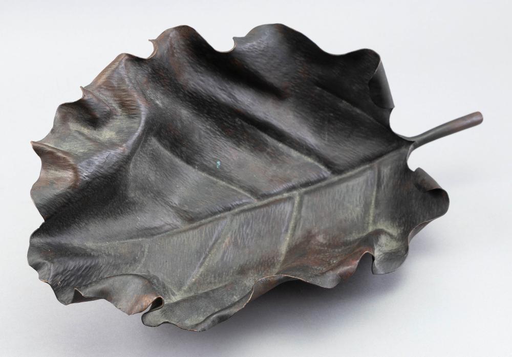 Appraisal: ROBERT KUO HAND-HAMMERED REPOUSS COPPER LEAF-FORM DISH TH CENTURY LENGTH