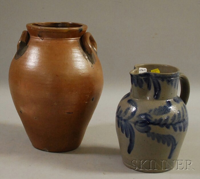 Appraisal: Two Pieces of Cobalt-decorated Stoneware a pitcher with swag-decoration and