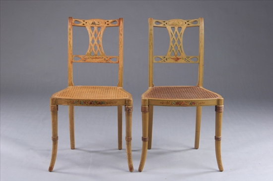 Appraisal: PAIR REGENCY STYLE CHINESE CHIPPENDALE PAINTED CHAIRS th century Horizontal