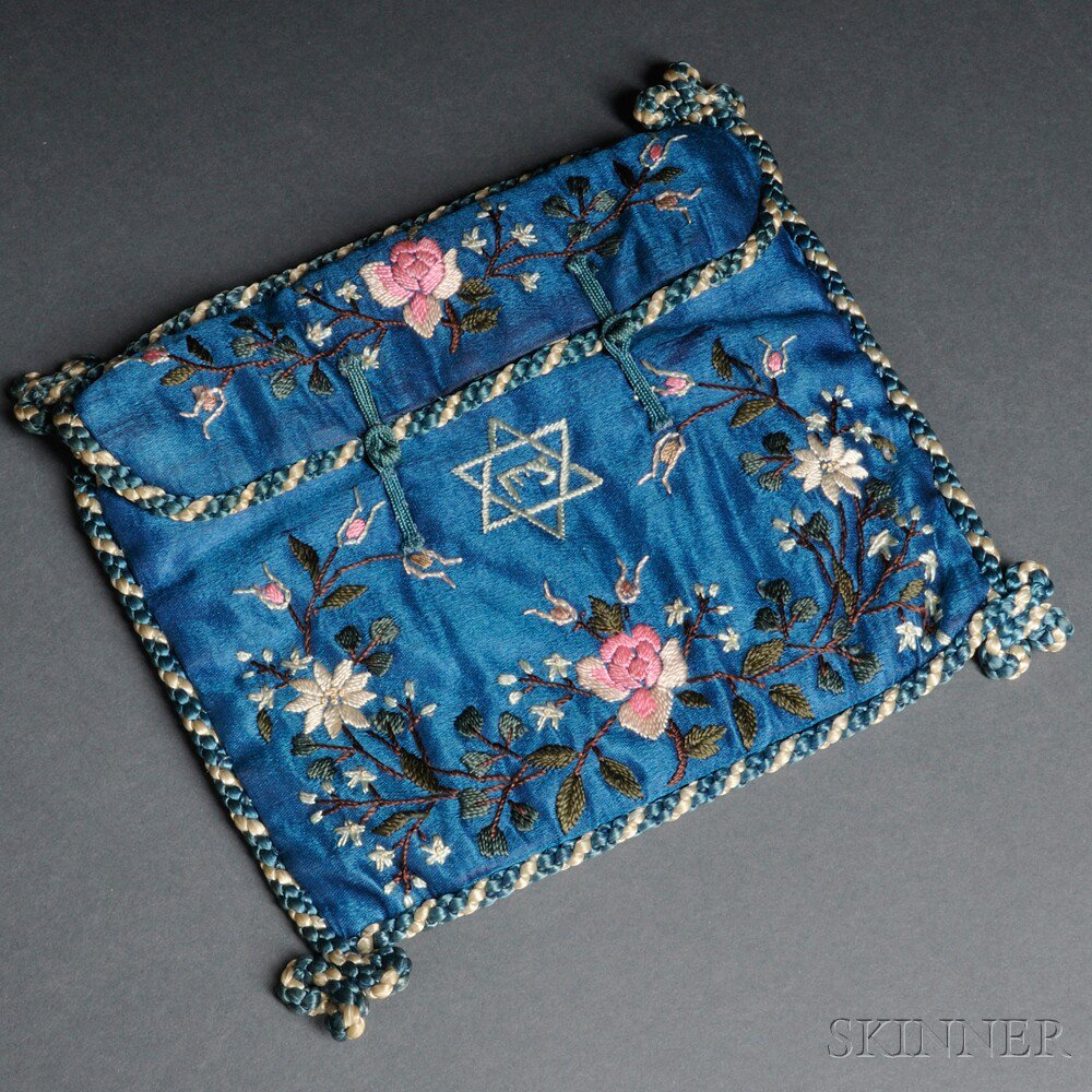 Appraisal: Chinese Embroidered Silk Tefillin Bag foliate motifs braided trim lg