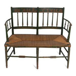 Appraisal: A Regency Style Painted Two-Chair Back Bench with Rush Seat