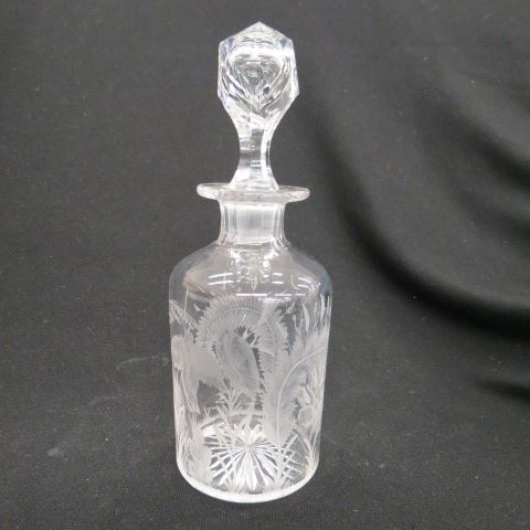 Appraisal: Etched Crystal Sherry Decanter elaborate bird foliage excellent