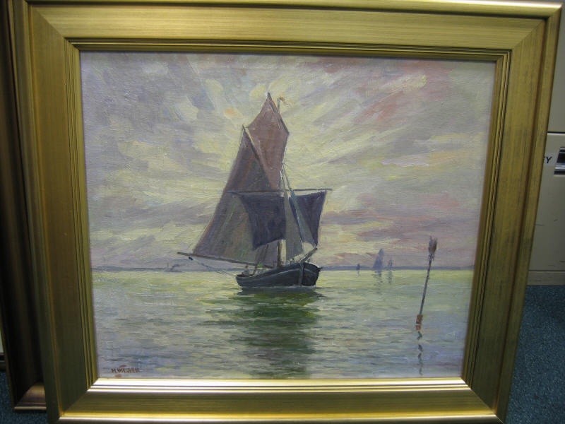 Appraisal: MARIUS P NIELSEN DANISH - Sailboat on calm sea oil