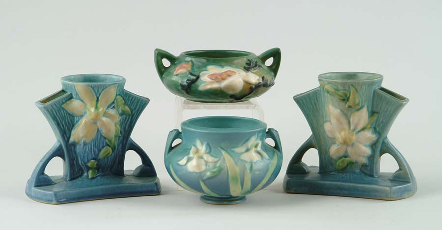 Appraisal: FOUR PIECES OF ROSEVILLE POTTERY Two clematis vases with two