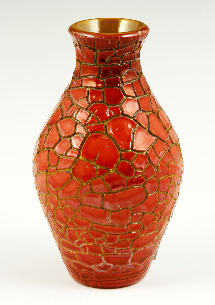 Appraisal: - Zsolnay Vase Zsolnay vase with red crackle glaze Hungary