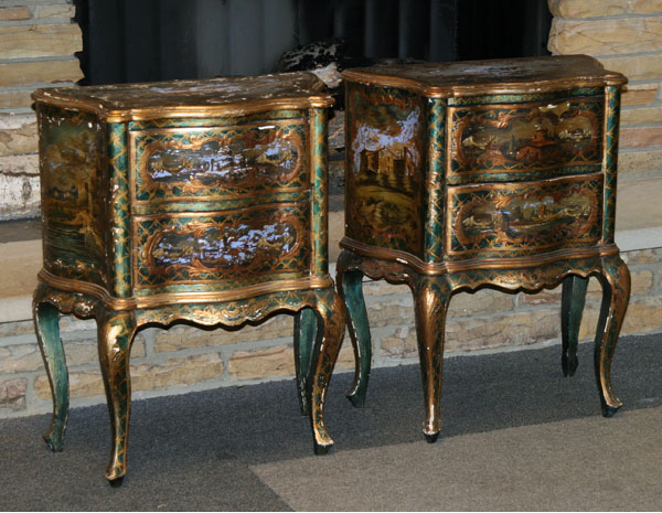 Appraisal: Pair French style hand painted end tables gessoed trim surrounds