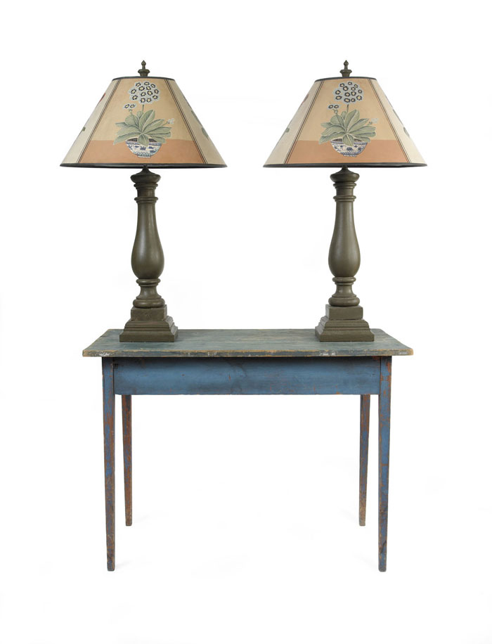 Appraisal: PAIR OF TURNED AND BROWN PAINTED BALUSTER-FORM LAMPS WITH HANDPAINTED