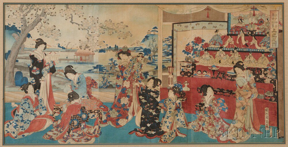 Appraisal: Woodblock Print Triptych Japan th century depicting courtesans preparing for