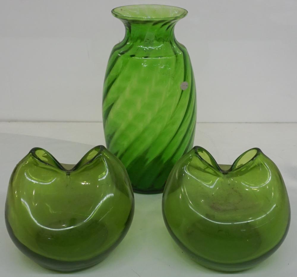 Appraisal: PAIR HAND-BLOWN GREEN GLASS PINCHED VASES AND A SWIRL GLASS