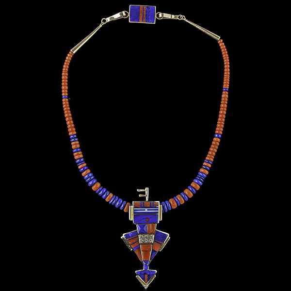 Appraisal: Ray Tracey Navajo Gold Lapis Coral Shell and Diamond Necklace