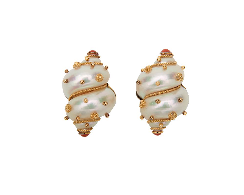 Appraisal: MAZ K Gold Turbo Shell and Coral Earclips MAZ K