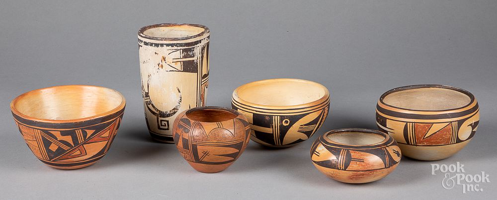 Appraisal: Six Native American Hopi pottery vessels Six Native American Hopi