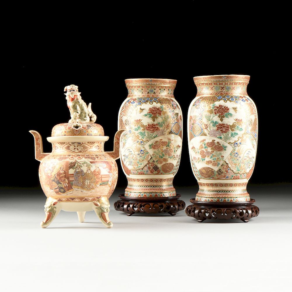 Appraisal: A GROUP OF THREE SATSUMA PARCEL GILT AND POLYCHROME PAINTED