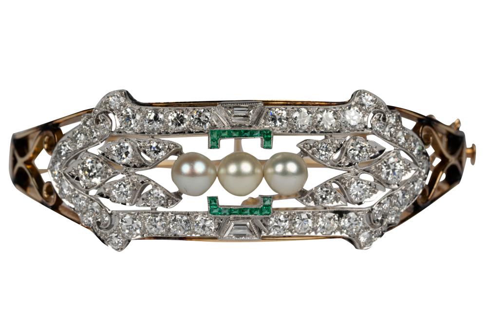 Appraisal: KARAT YELLOW GOLD PLATINUM PEARL DIAMOND EMERALD BANGLE BRACELETcentering three