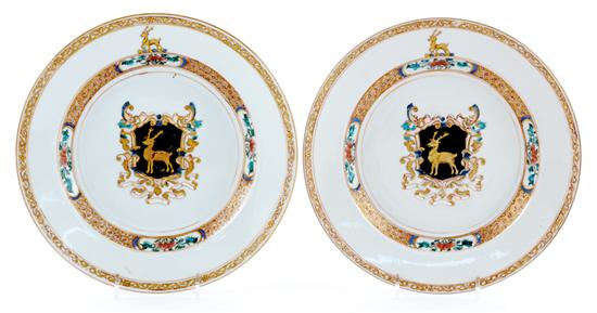 Appraisal: Pair Chinese Export armorial plates circa rouge-de-fer and gold classic