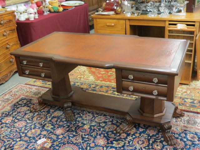 Appraisal: Antique Mahogany Desk fine double pedestal style with strctcher lion