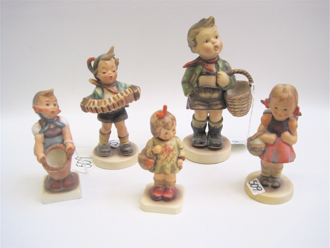 Appraisal: FIVE GERMAN HUMMEL FIGURES Village Boy HUM TM- - H