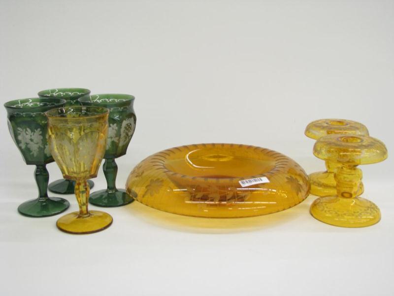 Appraisal: Group of cut-to-clear Bohemian glass including yellow console bowl and