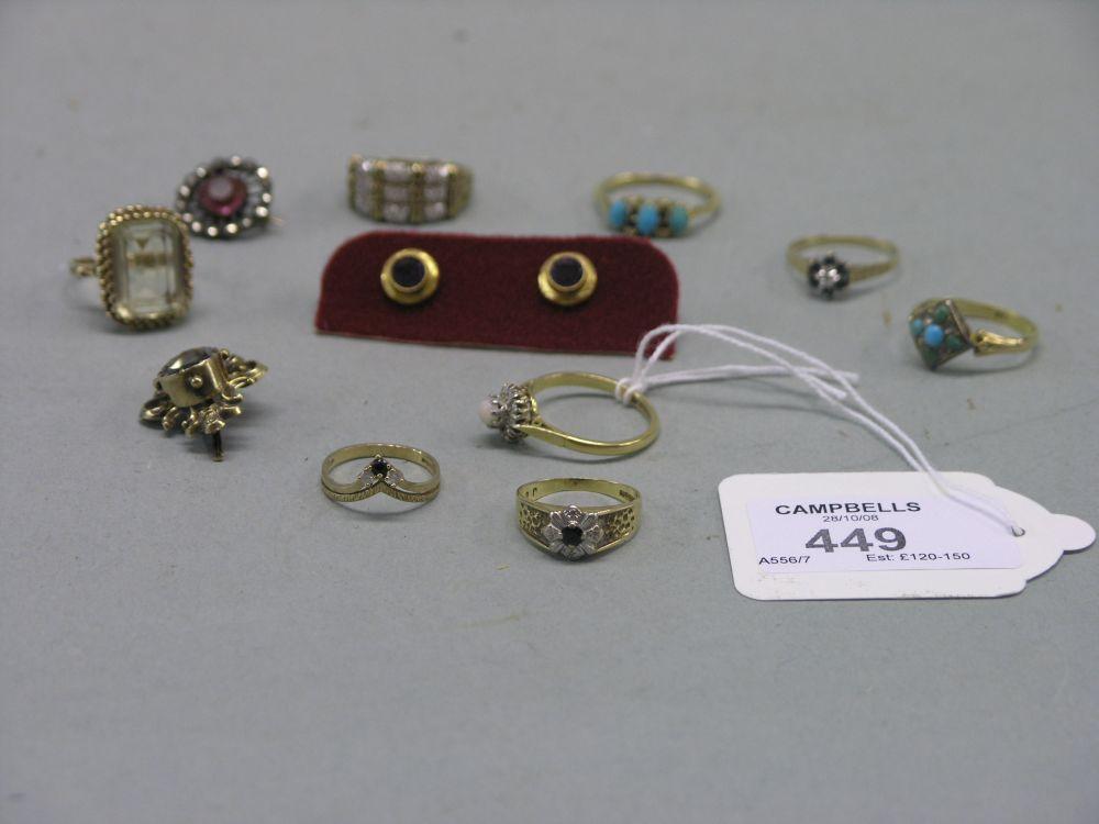 Appraisal: Eight various gold yellow metal rings pair of ear-rings and