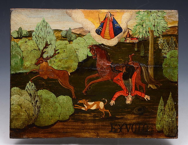 Appraisal: AN ANTIQUE PAINTED PANEL OR ICON depicting a fallen horseman