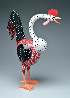 Appraisal: Folk art carved and painted rooster gourds and applied wood