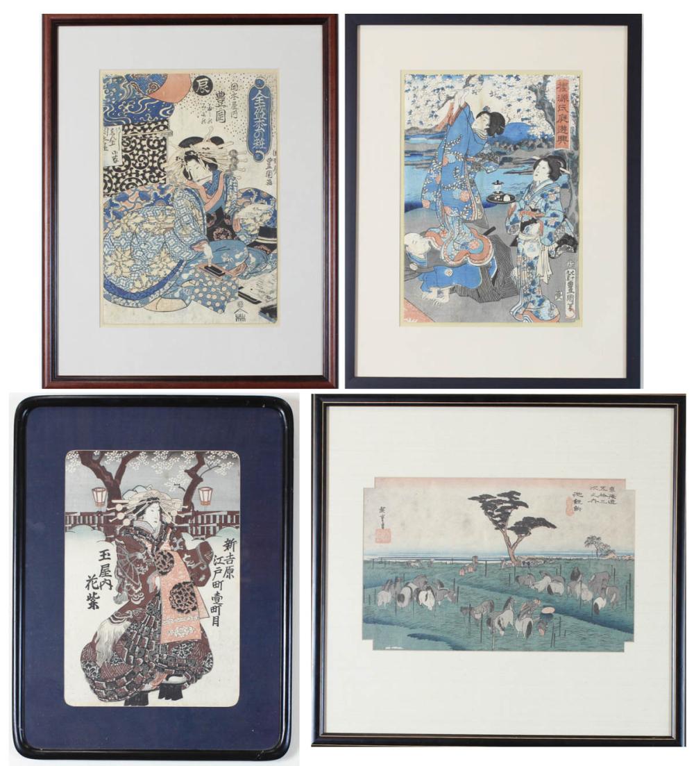 Appraisal: FOUR JAPANESE WOODCUTS three featuring figures and the fourth depicting