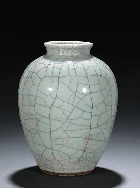 Appraisal: An ovoid porcelain jar with crackled celadon glaze Late th