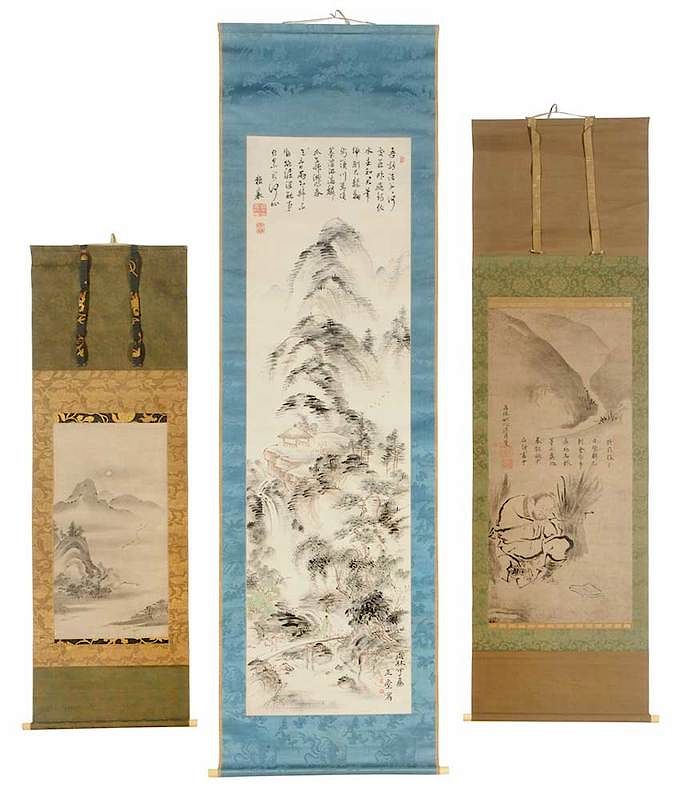 Appraisal: Three Japanese Mountainous Landscapes After Kaiho Yusho - Priest Having