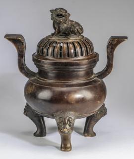 Appraisal: Chinese bronze Ding censer h Chinese bronze covered Ding censer